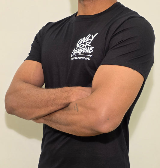 Black Champion Tee. 1 Reusable Bag. Built for Everyday Wins.